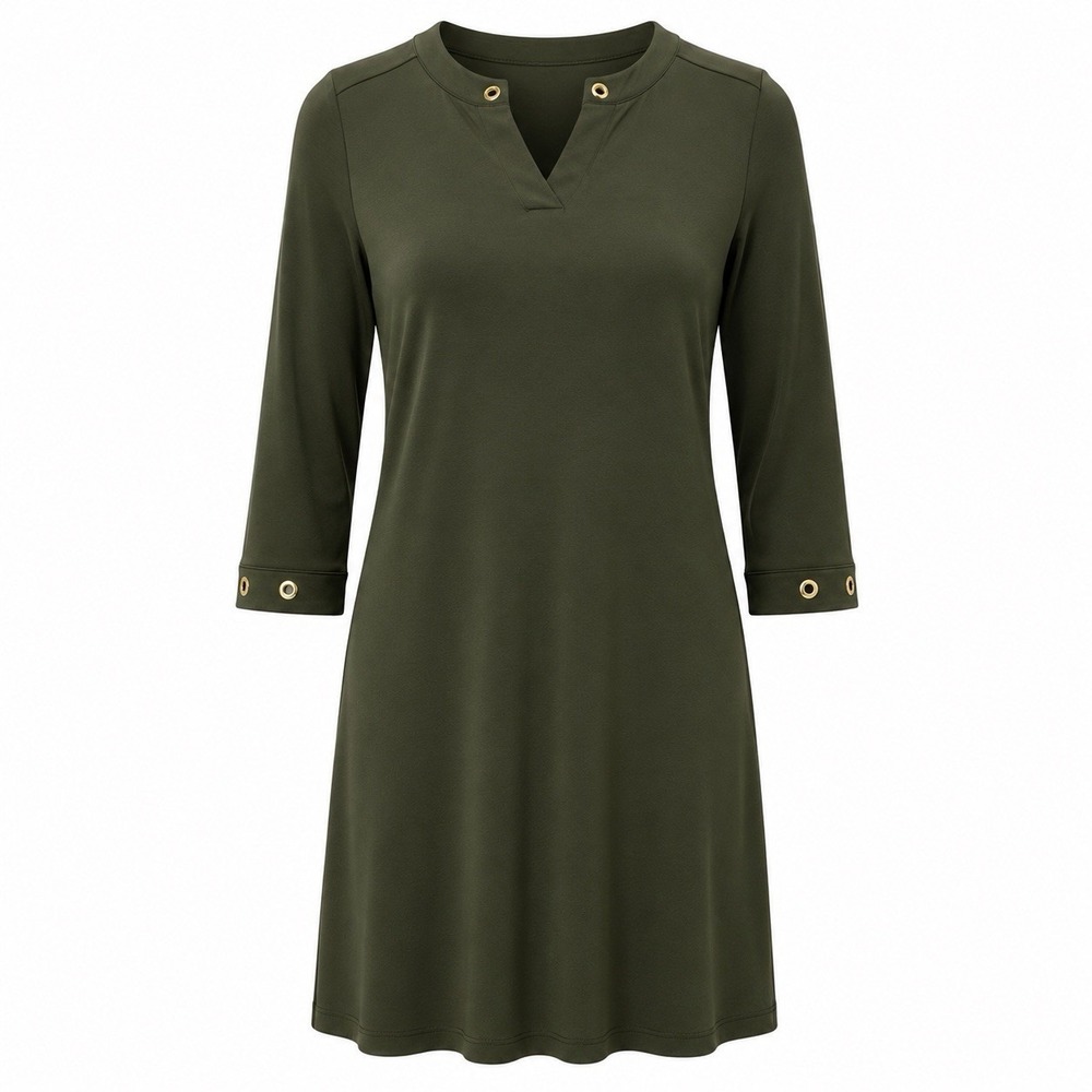 Chico's Grommet Detail Notch Neck Dress Dark Pine Green Pockets Sz 1 Medium NWT
